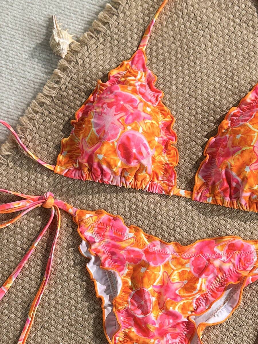 Swim Mod 2pcs/Set Orange And Pink Random Floral Print Ruffle Trim Halter Neck Triangle Bikini Top And Side Tie Bottoms Summer Cute Beach Vacation Holiday - Multicolor - View 1