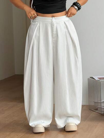Coolane Quần ống rộng xếp ly kẻ sọc dành cho nữ cỡ lớn