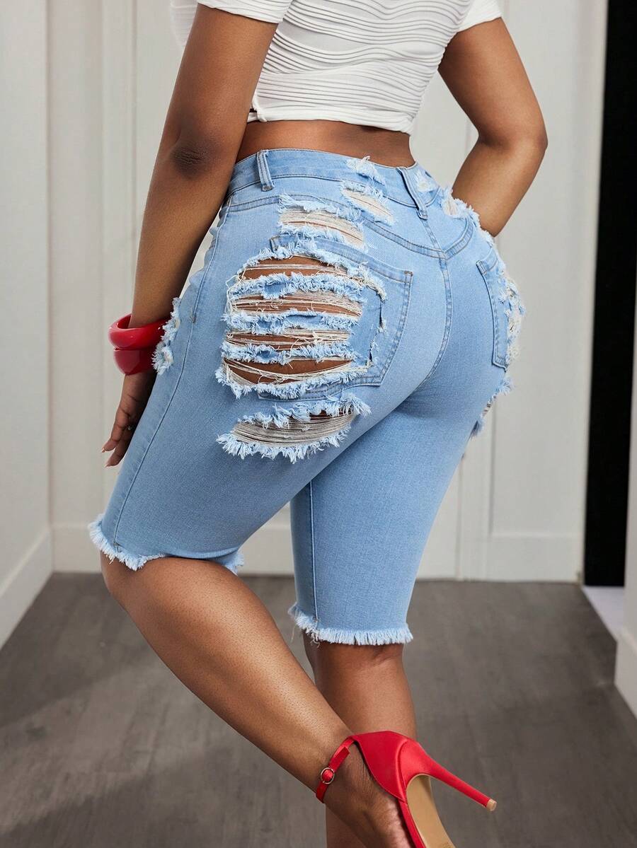 BamGleam 女士性感破洞毛边牛仔短裤 - 淺色水洗藍 - 查看 1