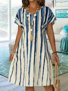 EMERY ROSE 大码休闲度假撞色条纹蝙蝠袖中长连衣裙，适合度假、夏季、办公室等场合，也适合节日、波西米亚风等场合。 - 藍色 - 查看 3