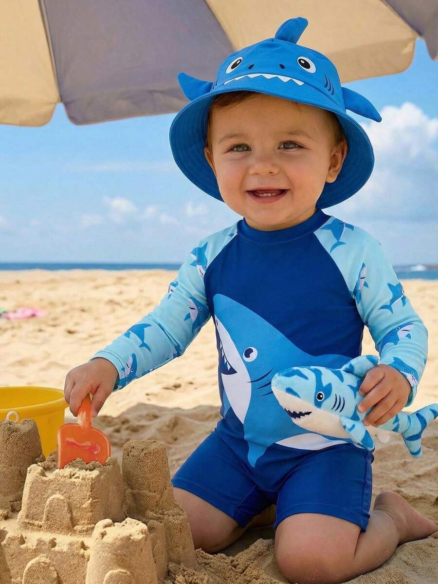 Conjunto de camiseta de protección solar y pantalón de baño con estampado de tiburón de dibujos animados para bebé niño - Multicolor - Ver 1