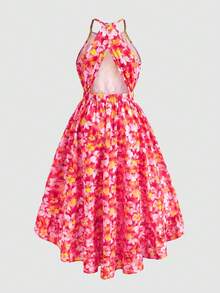 SHEIN Đầm hở lưng cổ yếm in họa tiết toàn thân dành cho bé gái tuổi teen, thích hợp cho kỳ nghỉ hè ở bãi biển. - Nhiều màu - Xem 6