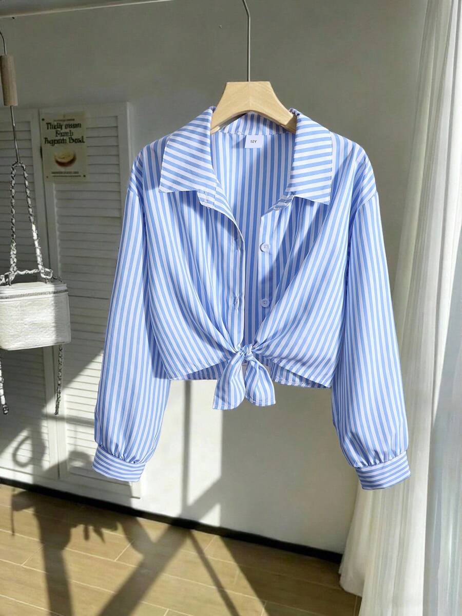 SHEIN 1件女童清新学院风蓝白条纹长袖灯笼袖上衣,下摆打结设计,休闲夏季短款衬衫,适合日常穿着 - 藍色 - 查看 1