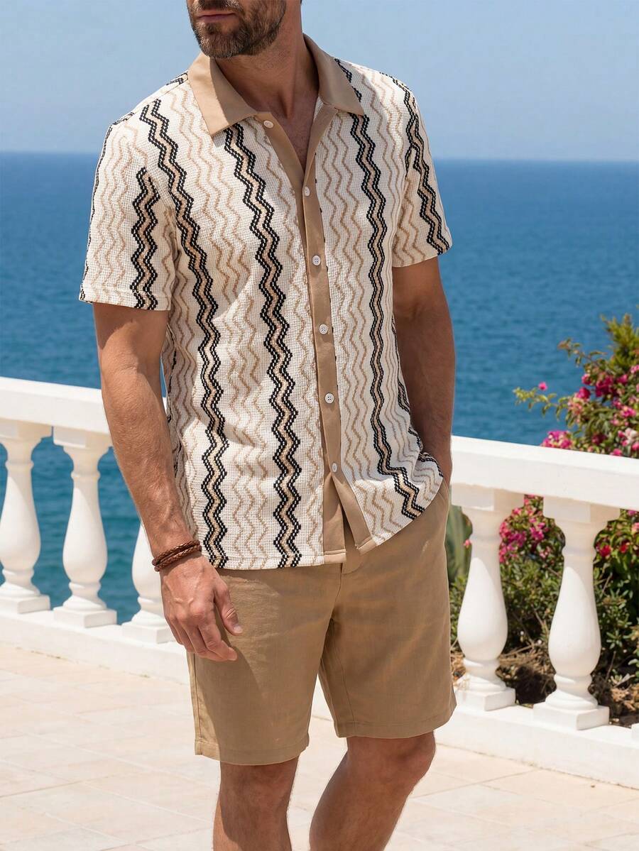 VENTUSAIL Bộ áo sơ mi và quần short dệt kim jacquard thường ngày dành cho nam giới, thích hợp cho kỳ nghỉ. - Nhiều màu - Xem 1