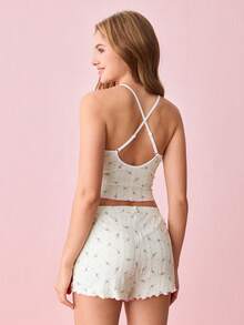 Bonmuse Ditsy Floral Knit Fitted Women's Pajamas Set Floral Pajama Set Two Piece Summer Set Bountiful Floral Splendor  Cozy And Elegant Detailsfor Summer - Beige - View 2