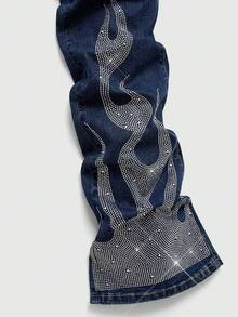 ROMWE MEN Street Life Men's Casual Fashion Street Rhinestone Embellished Flared Jeans - Dusty Blue - View 4