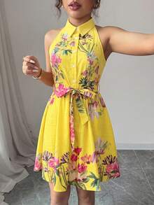 Vestido elegante y romántico sin mangas con estampado floral diminuto y recogido en la cintura en forma de línea A para mujeres - Amarillo - Ver 8