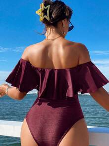 Swim Vcay Spring Break Elegant Women's Black Ruffled Off-Shoulder One-Piece Swimsuit With Side Drawstring, Summer Beach Vacation Festival Boho - Burgundy - View 3