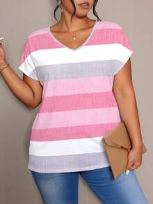 EMERY ROSE Plus Size Women Colorblock Striped Pattern Batwing Sleeve V-Neck T-Shirt - Multicolor - View 5