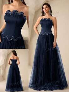 Coutiva Vestido de gala maxi de mujer con parches de malla con incrustaciones de diamante de imitación (bordado pesado) - Azul Marino - Ver 7
