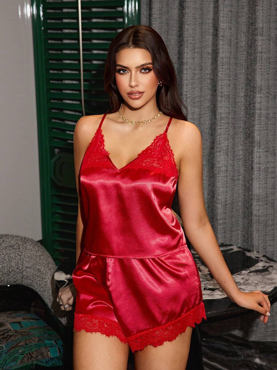 SilkySpell Satin Comfortable Camisole & Lace Splice Red Shorts Plus Size Pajama Set - Red - View 1