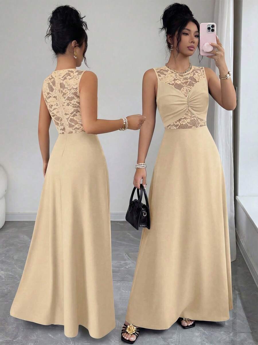Elenzga Robe élégante, romantique et sexy pour femmes avec patchwork en dentelle, col rond, détail de torsion à la taille et jupe fluide - Nude - Voir 1