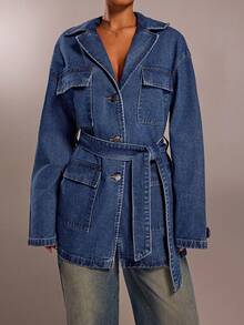Forever 21 秋冬女式蓝色牛仔夹克圣诞新年假期派对女式外套蓝色外套假日新年宽松外套长袖外套除夕新年圣诞派对女式牛仔假期女式假期圣诞节 Y2k 宽松翻领复古派对装蓝色水洗口袋街头风格腰带优雅日常装休闲牛仔外套 - 藍色 - 查看 5