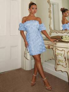 SHEIN Women's Off-Shoulder Embroidered Floral Elegant Dress - Blue - View 1