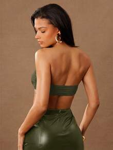 Hauture Camiseta corta de mujer de unicolor con diseño metálico y calado, sexy - Verde militar - Ver 4