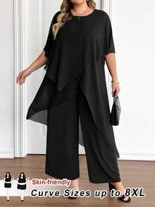 SHEIN CURVE+ 大码女式休闲纯色上衣和裤子两件套 - 黑色 - 查看 1