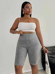 SHEIN PETITE CURVE Plus Size Women Casual Solid Color Leggings, Suitable For Summer - Light Grey - View 5