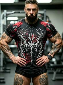 GymBeat Men's Graphic Print Raglan Short Sleeve Compression Sports T-Shirt, Summer - Black - View 8