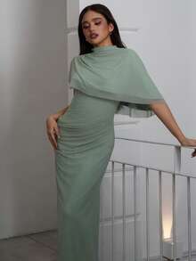 Criza Taa Elegant Minimalist Commuter Fashion Elastic Waist Design Multilayer Ruffle Waist Ruffle Flattering Long Dress, Suitable For Work, Date, Vacation - Green - View 4