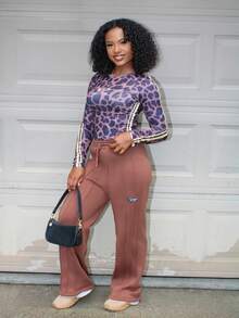 Steph T Vintage Leopard Print Digital Fitted Crew Neck Long Sleeve Women's Spring/Autumn Base Layer Top - Multicolor - View 6