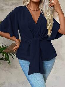 Linhara CURVE Women's Solid Color Waist Tie Ruffle Sleeve Casual Shirt - Navy Blue - View 5