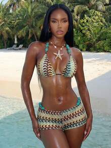 New Women's Contrast Color Beaded Decor Bikini Set, 3 PiecesTextured Fabric - Multicolor - View 3