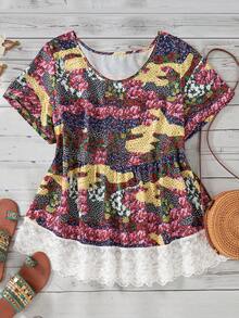 Zaforene Camicia casual da donna con scollo rotondo e maniche corte, con motivo floreale, taglie comode - Multicolore - Visualizzare 7