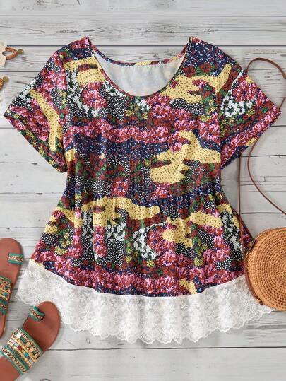 Rusticease 大码女式碎花圆领短袖休闲衬衫