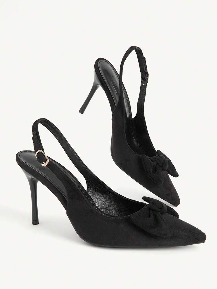 CUCCOO CHICEST Women Shoes Spring And Summer New Women's High Heel Shoes Bow Decoration Pointed Thin Heel Slingback Buckle 9cm Elegant Temperament Black Suede Solid Color Dating Party Daily Versatile Women's Shoes
