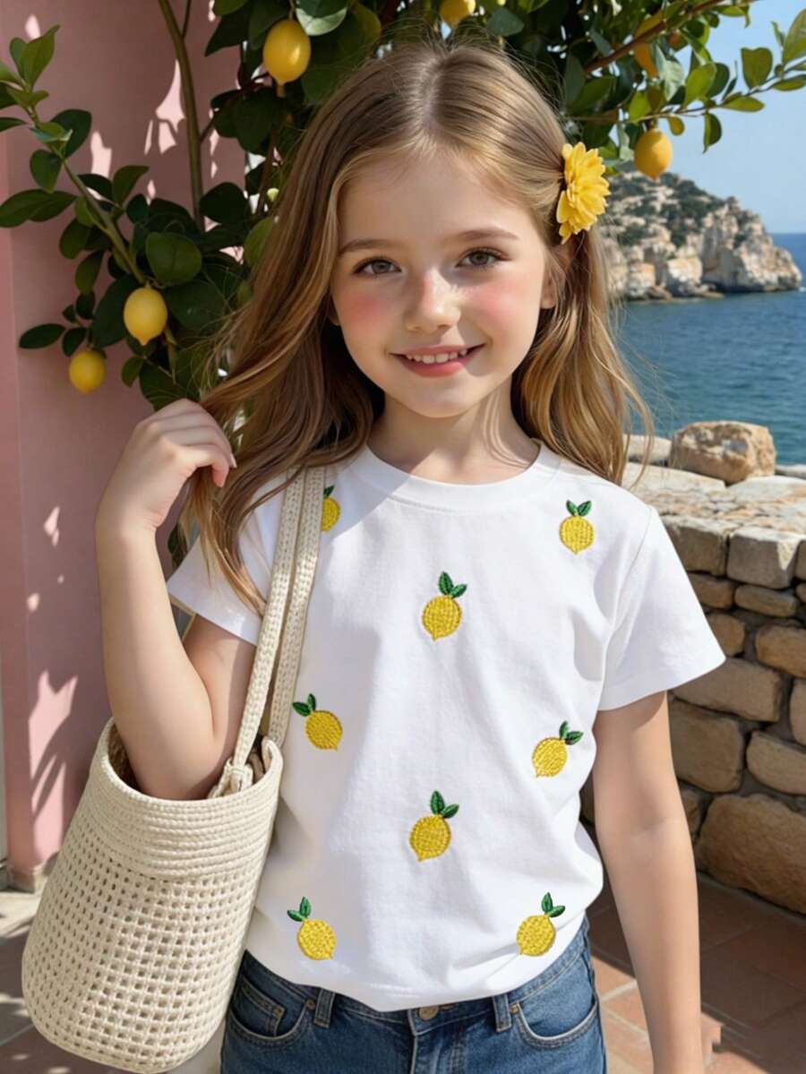 Tee-shirt décontracté à col rond et manches courtes pour jeune fille, imprimé numérique de citron. Confortable et à la mode pour le port quotidien en été, convient pour les voyages, plein de vitalité - Multicolore - Voir 1