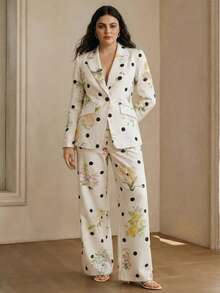 Anewsta Áo blazer nữ cỡ lớn thời trang cao cấp họa tiết chấm bi và hoa, thắt eo, phù hợp cho đi chơi, dự tiệc và các dịp trang trọng. - trắng - Xem 3
