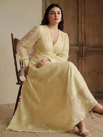 Anewsta Elegant Long Sleeve Yellow Embroidered Woven Dress For Formal Occasions