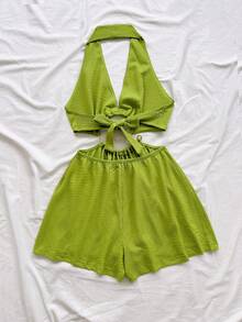 Soleia Lady's Green One-Piece Pants - Summer Casual Beach Resort Wear, Suitable For Evening Outings, Parties And Festive Occasions.No Chest Padding - Green - View 2