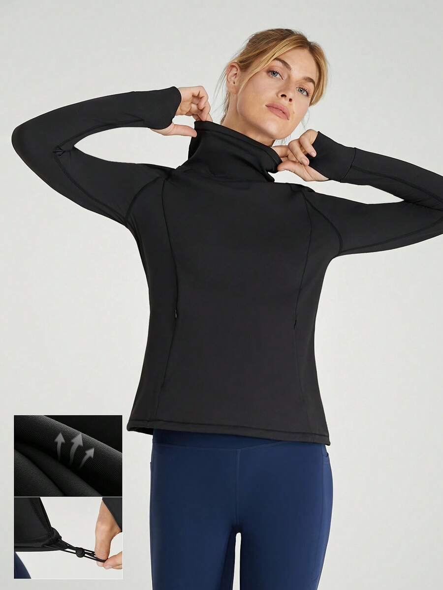 GLOWMODE Quick-Dry Sweat-Wicking Adjustbale Drawstring Neck Hem Long Sleeves Active Top Tee With Side Zip Pockets And Thumbholes Daily Casual - Black - View 1