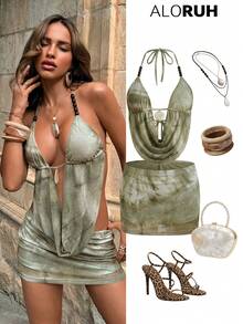 Aloruh Conjunto de dos piezas de top corto de halter con estampado de teñido anudado verde elegante con cuentas y minifalda de cintura baja, adecuado para vacaciones en la playa - Verde - Ver 10