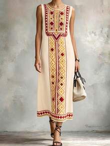 EMERY ROSE Plus-Size Women's Brown Summer Boho Vacation Holiday Dress,Fashionable Casual Minimalist Versatile Checked Round-Neck Sleeveless Maxi Dress Gym - Apricot - View 3