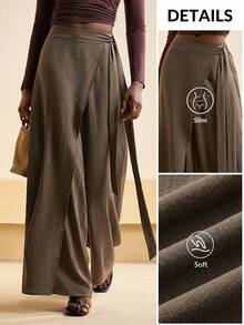 Zivah 20  Autumn/Winter New Year, Valentine's Day, Party, Evening, Date, Birthday, College Style, Student, Daily Wear, All-Match, Casual, Cruise Travel, Trending, Elegant, Commute, Business Casual, Minimalist, Front Panel Accent, Waist Tie, Loose Wide Leg Pants, Khaki Color, Women's Trousers - Khaki - View 4