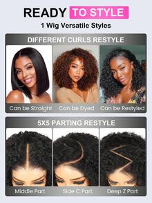 Wear And Go Bob 假发，真人发卷发波波头无胶假发，真人发预先拔毛、预先剪裁，5x5 蕾丝闭合，女士湿发波浪卷发波波头假发，蕾丝前额无胶假发，真人发，12 英寸，自然黑 - Natural Black - 查看 8