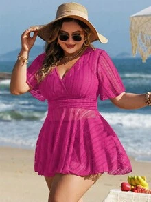 Swim Lushoire Plus Size Women 2pcs Solid Color Mesh Skirt Casual Beach Holiday Bikini Swimsuit Set - Hot Pink - View 1