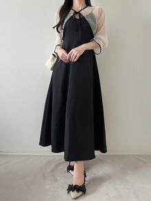 FRIFUL 女士前系带长袖上衣和吊带连衣裙优雅两件套家居服套装 - 黑色 - 查看 6