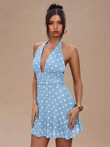SHEIN BAE 女士波点露背迷你连衣裙 - 淺藍色 - 查看 5