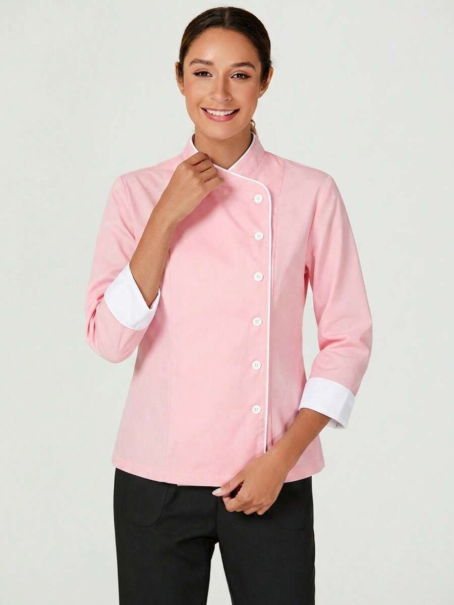 TaskEZ Women's Contrast Color Button-Up Collar Long Sleeve Work Uniform Chef Jacket In 3- 4th Sleeve For Women - Pink - View 1