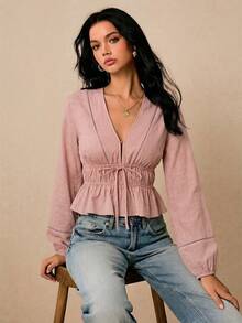 Poéselle Women's Solid Color Long Sleeve Ruched Waist Tie Shirt - Dusty Pink - View 4