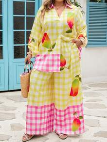SHEIN CURVE+ Plus Size Summer Vacation Plaid Fruit Print Shirt And Pants 2 Pieces Set - Multicolor - View 5