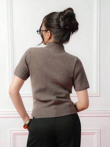 Criza Taa Women's Solid Color Turtleneck Short Sleeve Wool Knit Top, Deep Brown, Brown Sweater, Brown Tops , All Season, New Year Clothes Summer Casual - Coffee Brown - View 2