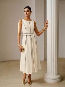 ZEYLAH CONTRAST PIPING FOLD PLEATED MIDI DRESS - Apricot - View 3