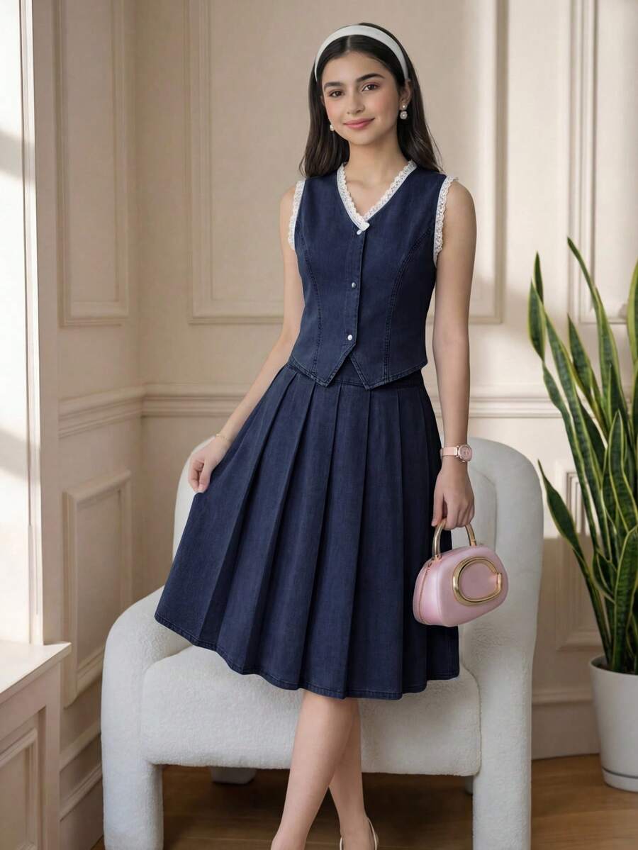 2pcs/Set Blue Denim Sleeveless Vest & Pleated Mini Skirt For Teenage Girls - Dark Wash - View 1