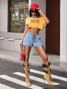 Jeanoix Y2K 女士休闲牛仔短裤，带系带孔腰带 - 淺色水洗藍 - 查看 7