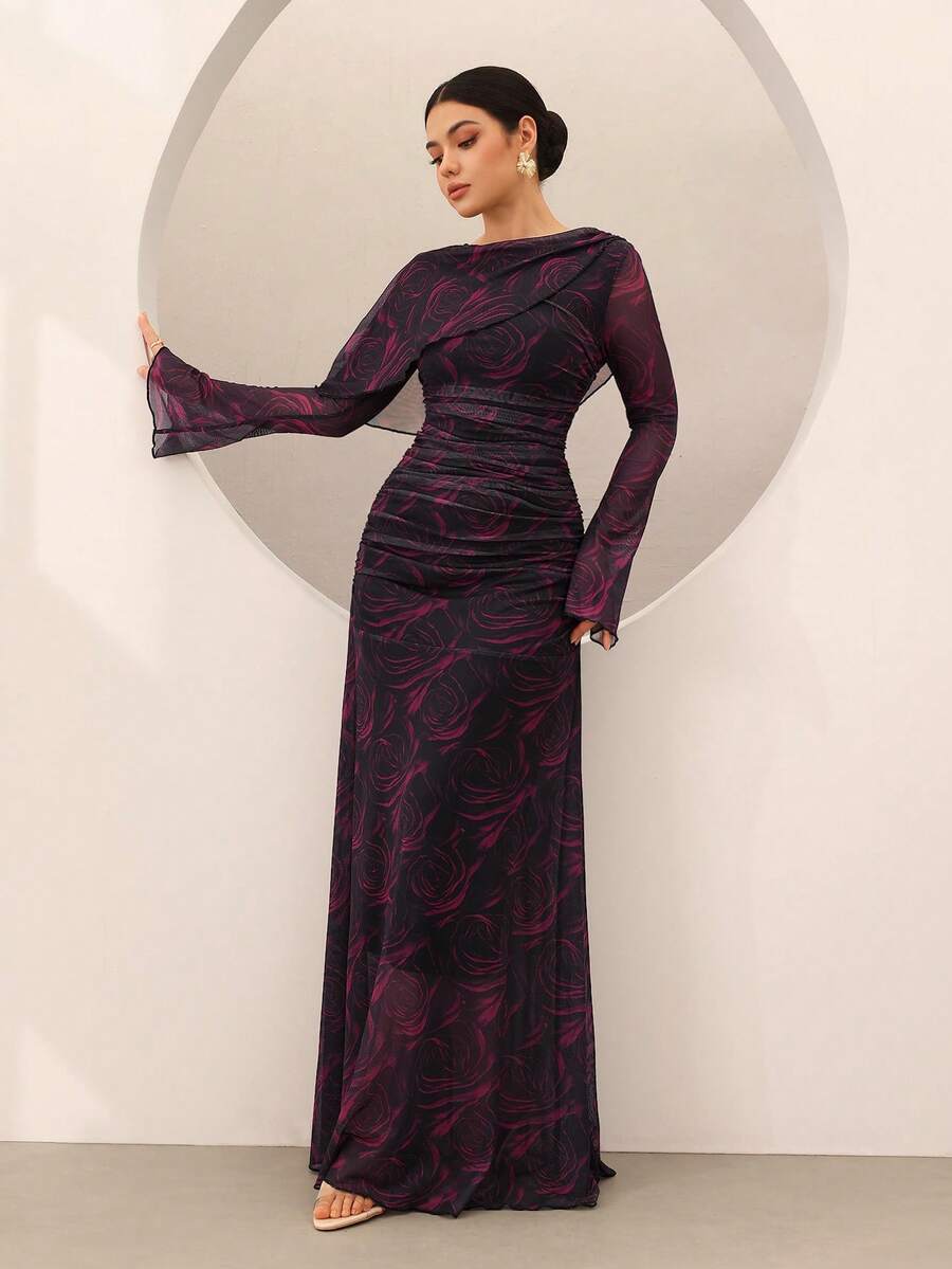 Graceveil Robe longue élégante de style français avec design drapé imprimé en tulle pour soirée - Multicolore - Voir 1