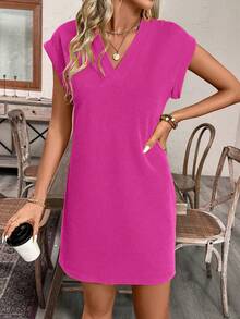 EMERY ROSE Women's Solid Color V-Neck Casual Short Sleeve Dress, Summer - Hot Pink - View 4